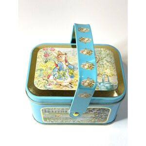Beatrix Potter Peter Rabbit Vintage Style Metal Tin Lunch Box Blue Garden Decor
